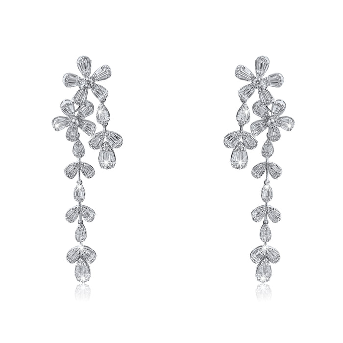 Round Diamonds Star Baguette Earrings in 18K White Gold