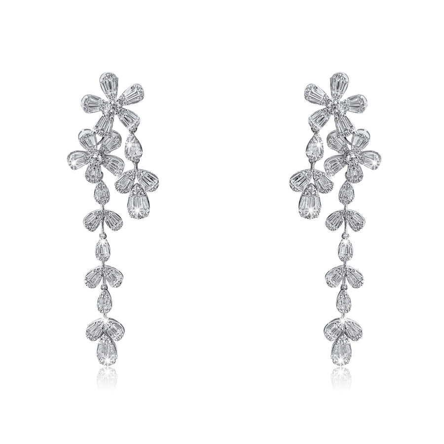 Round Diamonds Star Baguette Earrings in 18K White Gold