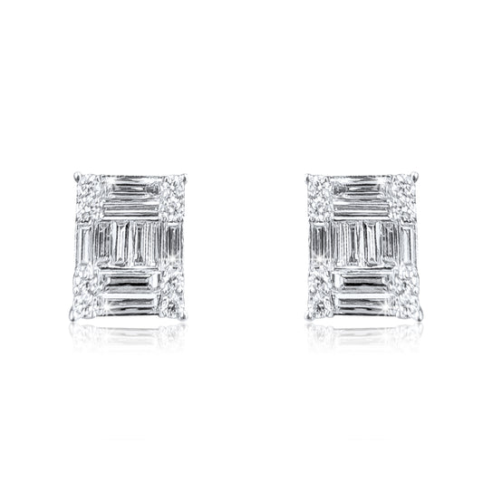 Princess Cut Illusion Diamond Stud Earrings in 18K White Gold