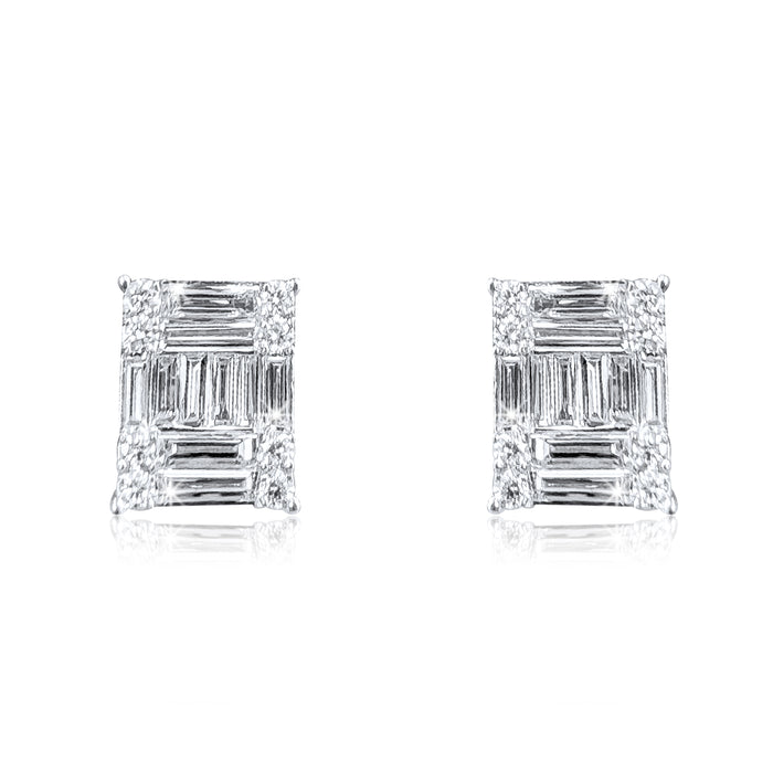 Princess Cut Illusion Diamond Stud Earrings in 18K White Gold