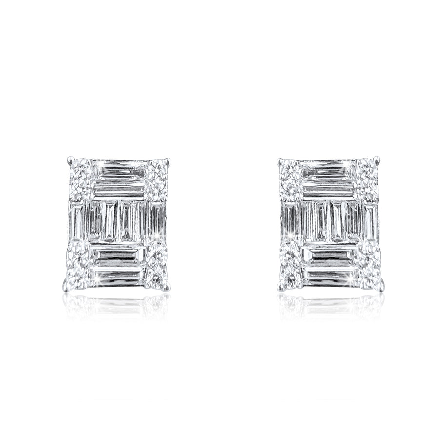 Princess Cut Illusion Diamond Stud Earrings in 18K White Gold