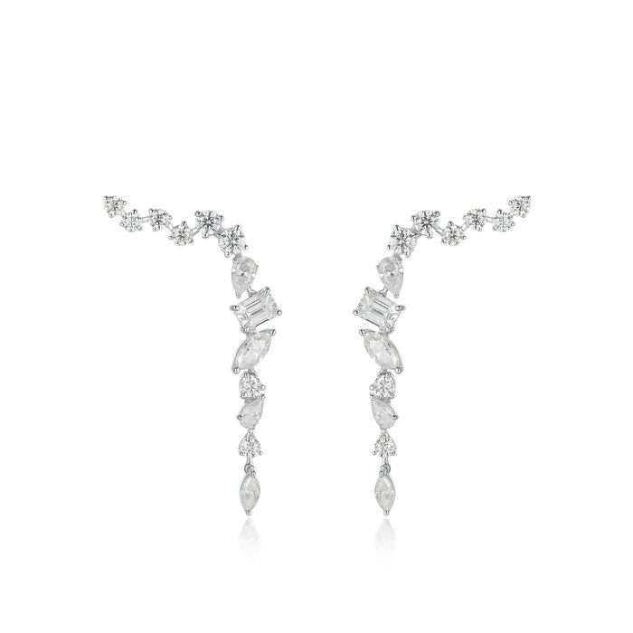 Multi Shape 26 Diamonds Ear Climber Earrings in 18K White Gold