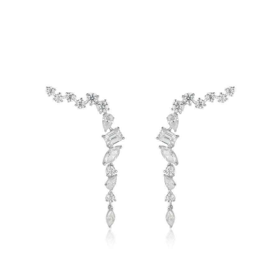 Multi Shape 26 Diamonds Ear Climber Earrings in 18K White Gold