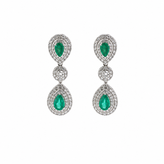 Emerald Dangle 18K Natural Diamond White Gold Earrings