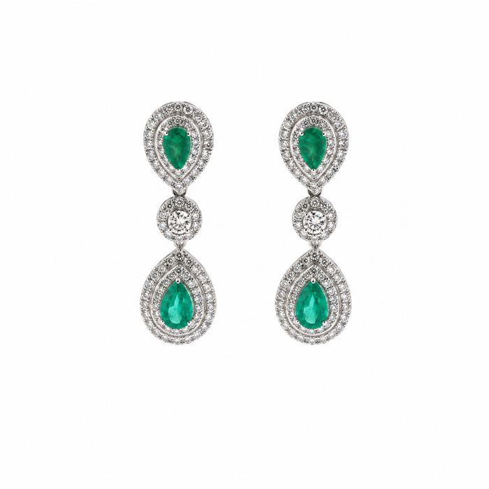 Emerald Dangle 18K Natural Diamond White Gold Earrings