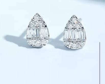 Round Diamond Pear Shape Stud Earrings in 14K White Gold