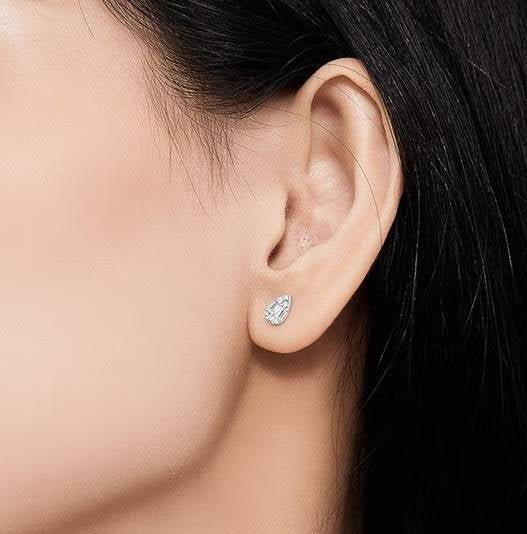 Round Diamond Pear Shape Stud Earrings in 14K White Gold