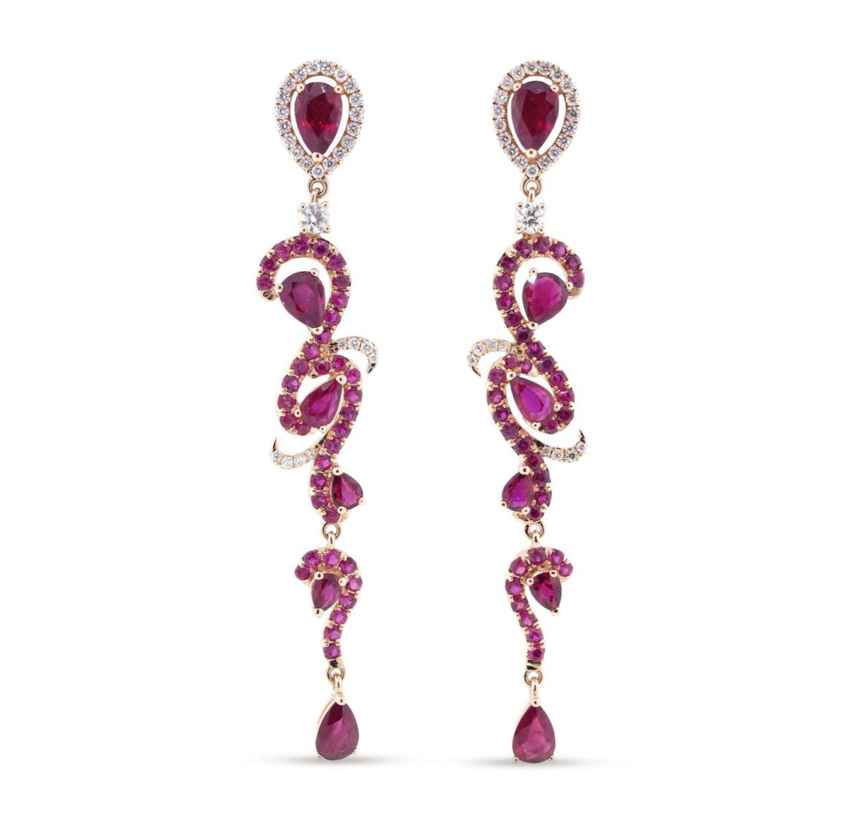 Ruby Drop Dangle Intricate Earrings in 18K Rose Gold