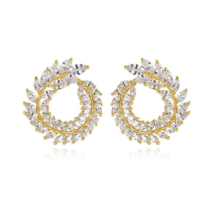 Round Leaf Shape Diamond Earrings in 18K Yellow Gold