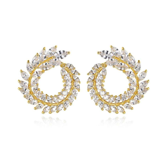 Round Leaf Shape Diamond Earrings in 18K Yellow Gold