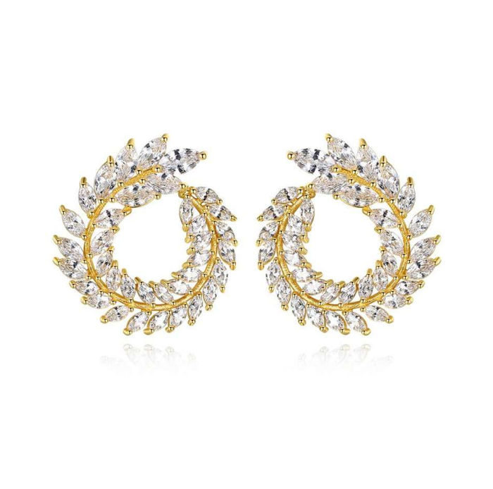 Round Leaf Shape Diamond Earrings in 18K Yellow Gold