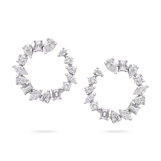 Radiant Cluster Mixed Diamonds Circle Earrings in 18K White Gold