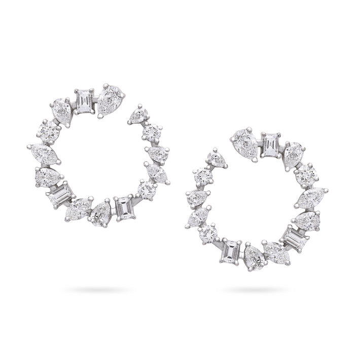 Radiant Cluster Mixed Diamonds Circle Earrings in 18K White Gold