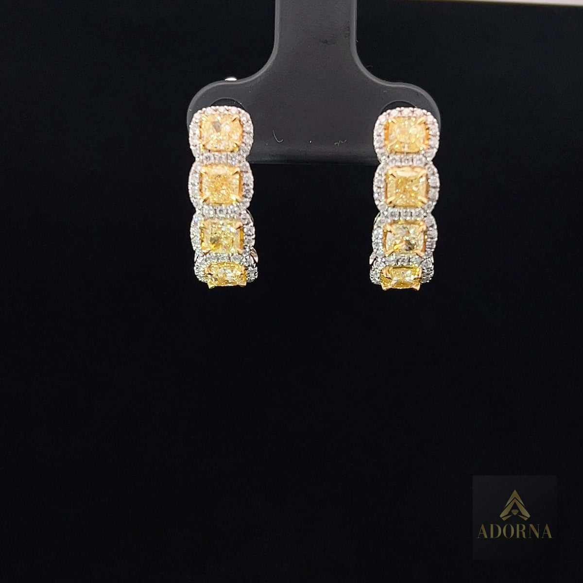 Cushion Cut 18K Yellow Diamond Huggie Hoop Earrings