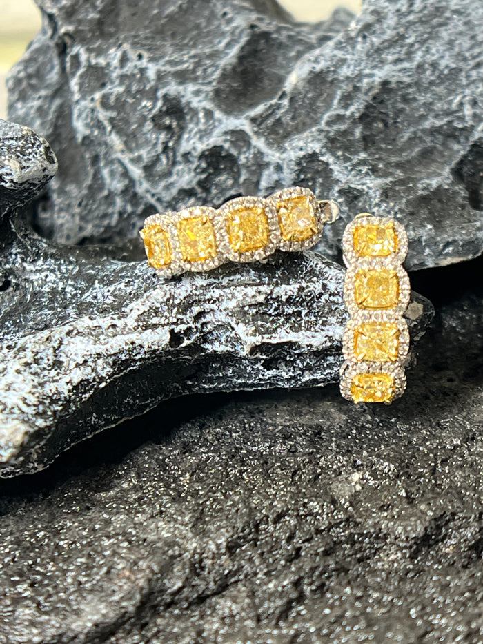 Cushion Cut 18K Yellow Diamond Huggie Hoop Earrings