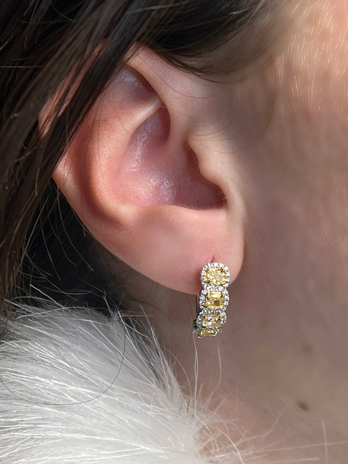 Cushion Cut 18K Yellow Diamond Huggie Hoop Earrings