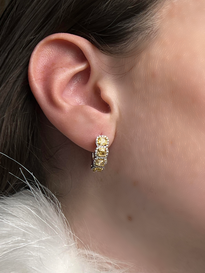 Cushion Cut 18K Yellow Diamond Huggie Hoop Earrings