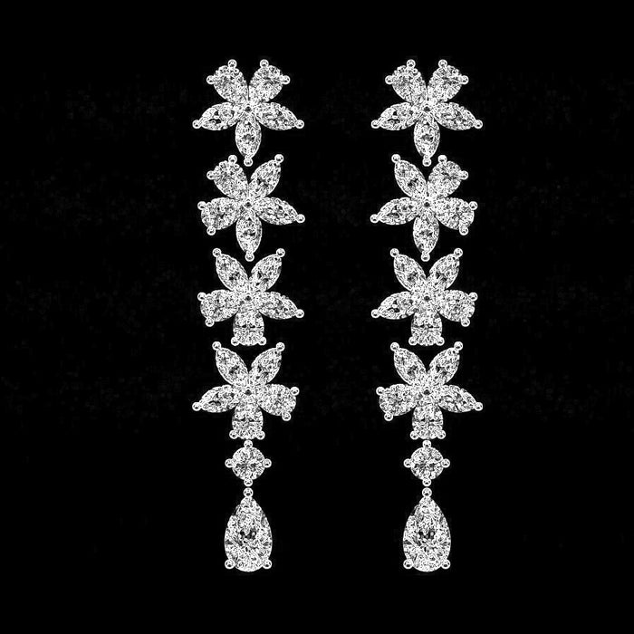 Flowers Petal Diamond Drop Earrings in 18K White Gold