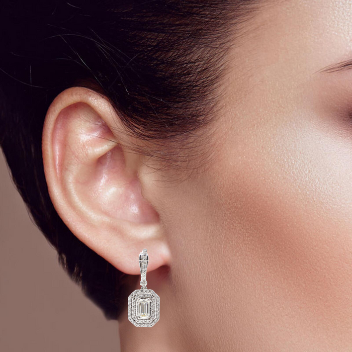 Opalize Halo Drop Round Diamond Earrings in 14K White Gold