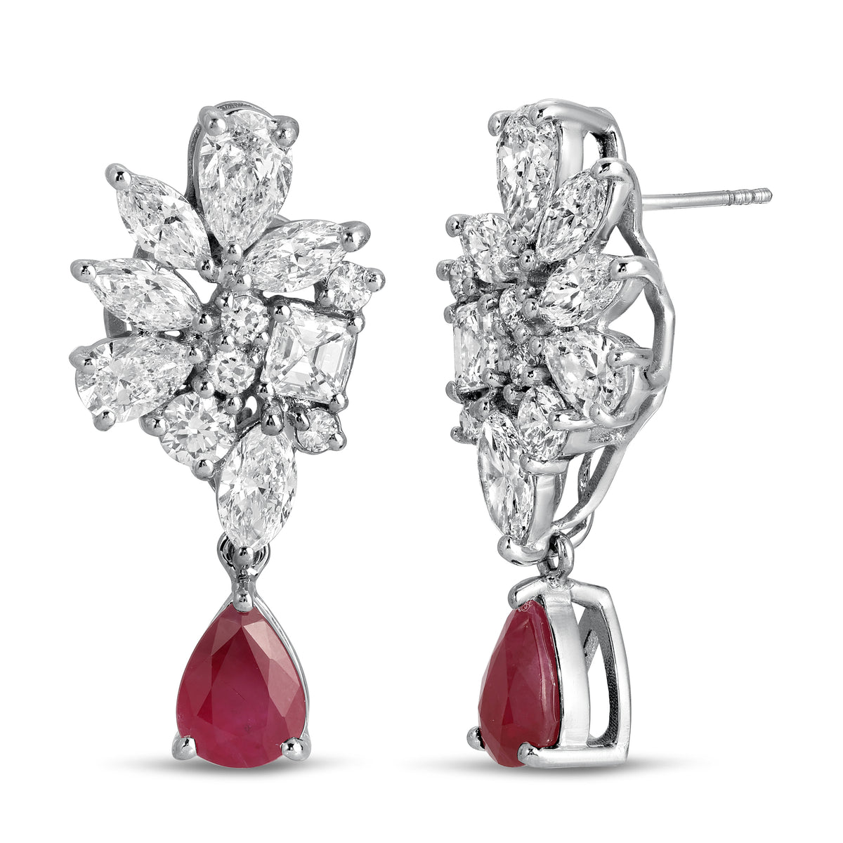 Floral Cluster Diamond Ruby Drop Earrings in 18K White Gold