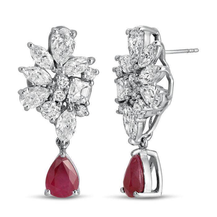 Floral Cluster Diamond Ruby Drop Earrings in 18K White Gold