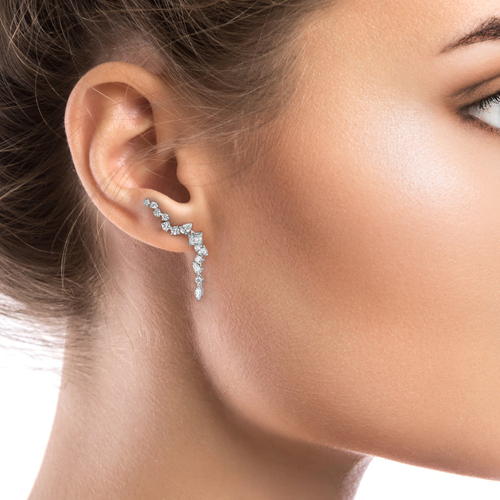 Multi Shape 26 Diamonds Ear Climber Earrings in 18K White Gold