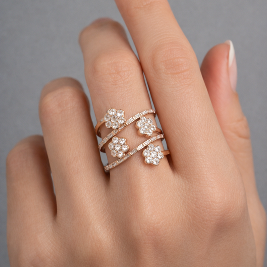 Floral Band Multi Row Diamond Flower Ring in 14K Yellow Gold