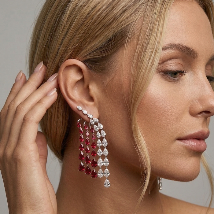 Ruby Red & White 14K White Gold Drop Earrings