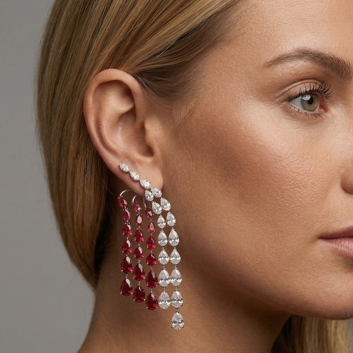 Ruby Red & White 14K White Gold Drop Earrings