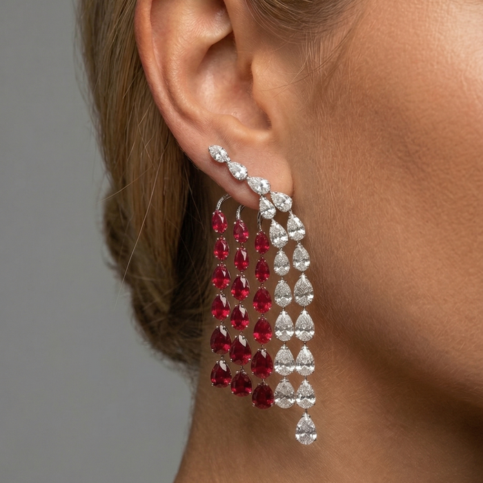 Ruby Red & White 14K White Gold Drop Earrings