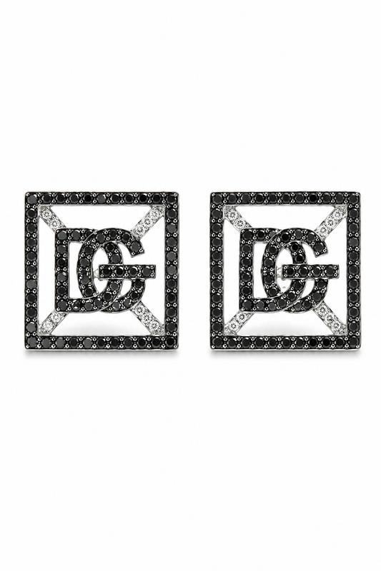 Black Diamond Square Sg Monogram Stud Earrings in 14K Gold