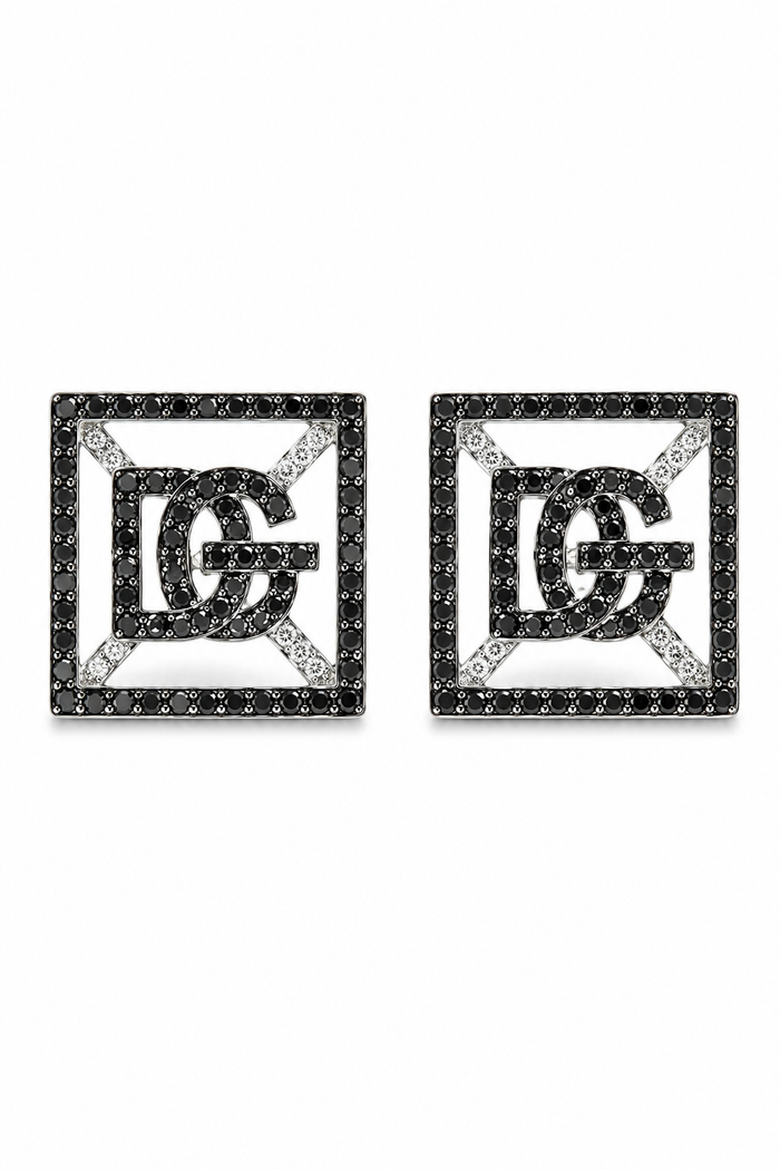 Black Diamond Square Sg Monogram Stud Earrings in 14K Gold
