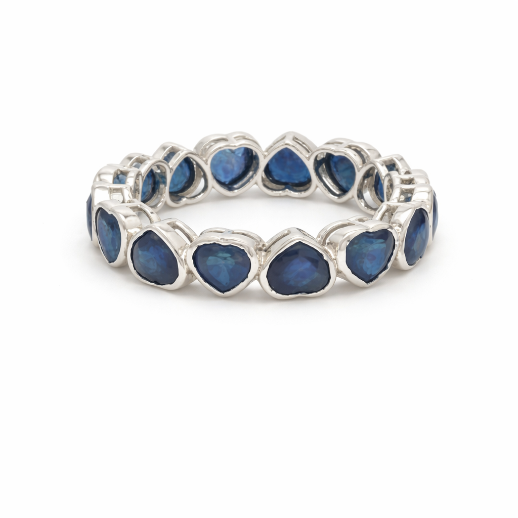 Heart Blue Sapphire 14K White Gold (18K Custom) Bezel Eternity Ring