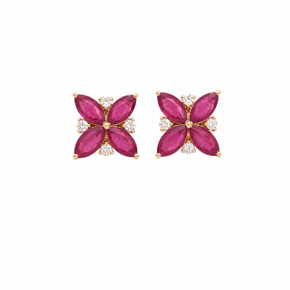 Ruby Floral Cluster 18K Natural Diamond Yellow Gold Stud Earrings