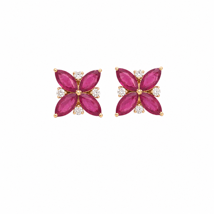 Ruby Floral Cluster 18K Natural Diamond Yellow Gold Stud Earrings