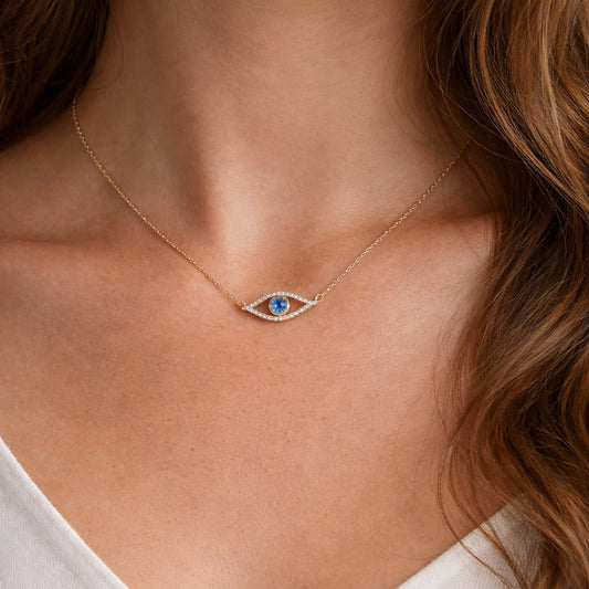 Golden Sapphire Evil Eye Charm Necklace in 14K Gold