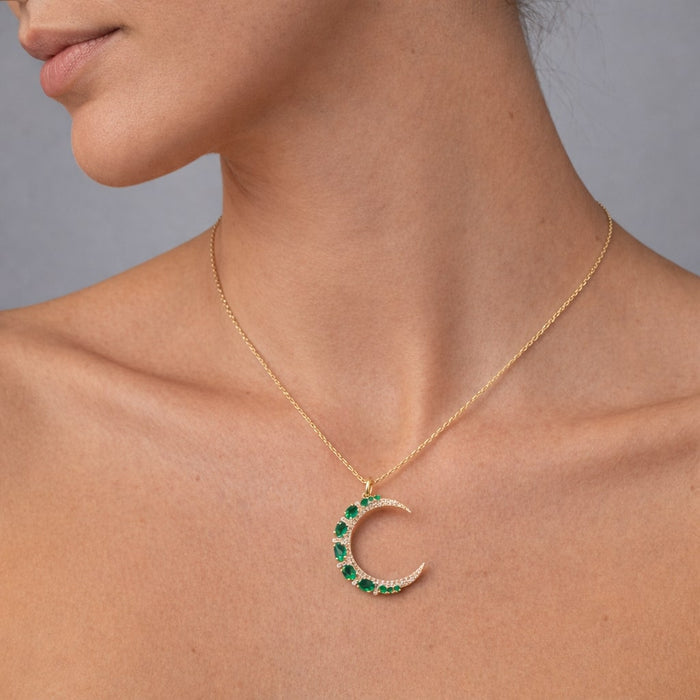 Sapphire Half Moon Diamond Pendant Necklace in 14K Yellow Gold