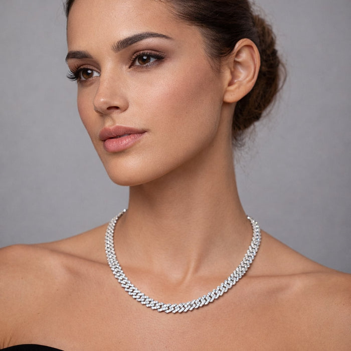Round Diamond Cuban Link Necklace in 14K White Gold