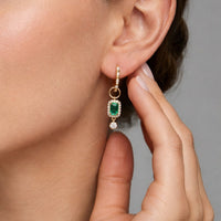 Emerald Diamond Halo Dangle Earrings in 14K Yellow Gold