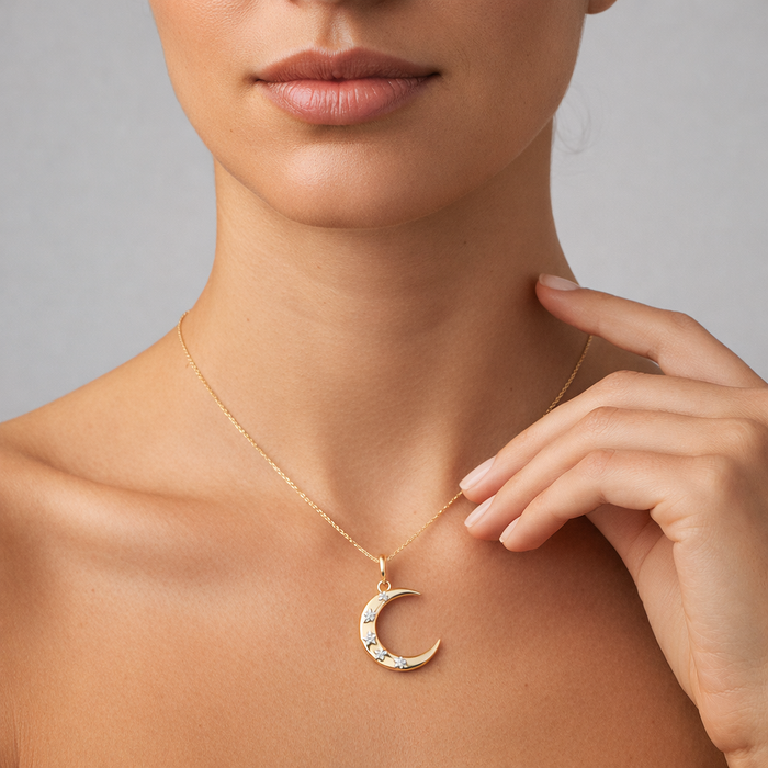 Five Diamond Moon Pendant Necklace in 14K Yellow Gold