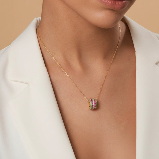 Multicolor Gemstone Pavé Barrel Pendant Necklace in 14K Yellow Gold