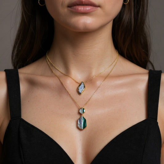 Malachite & Mother Pearl Pendant Necklace in 14K Yellow Gold