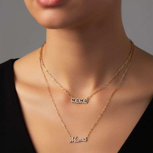 Mama Letter Pendant Diamond Paperclip Necklace in 14K Gold