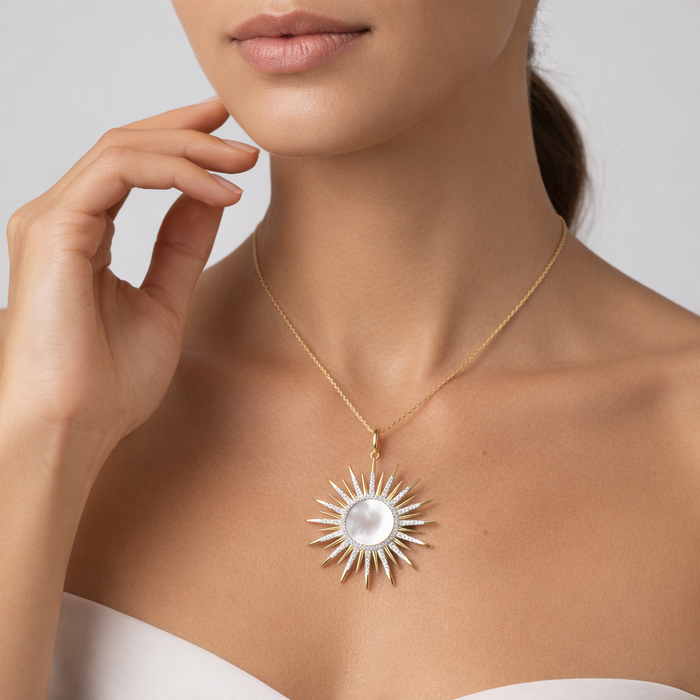 Diamond Malachite Pearl Pendant Necklace in 14K Yellow Gold