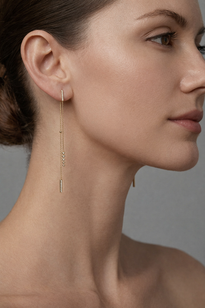 Pave Bars Double Chain Drop Earrings in 14K Yellow Gold
