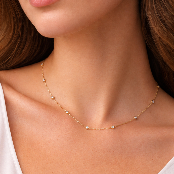Retro Diamond Station Necklace in 14K Yellow Gold