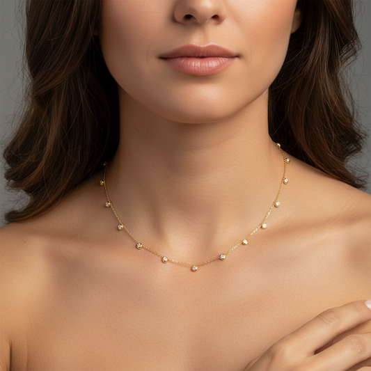 Multi-Sapphire Emerald Station Necklace in 14K Yellow Gold