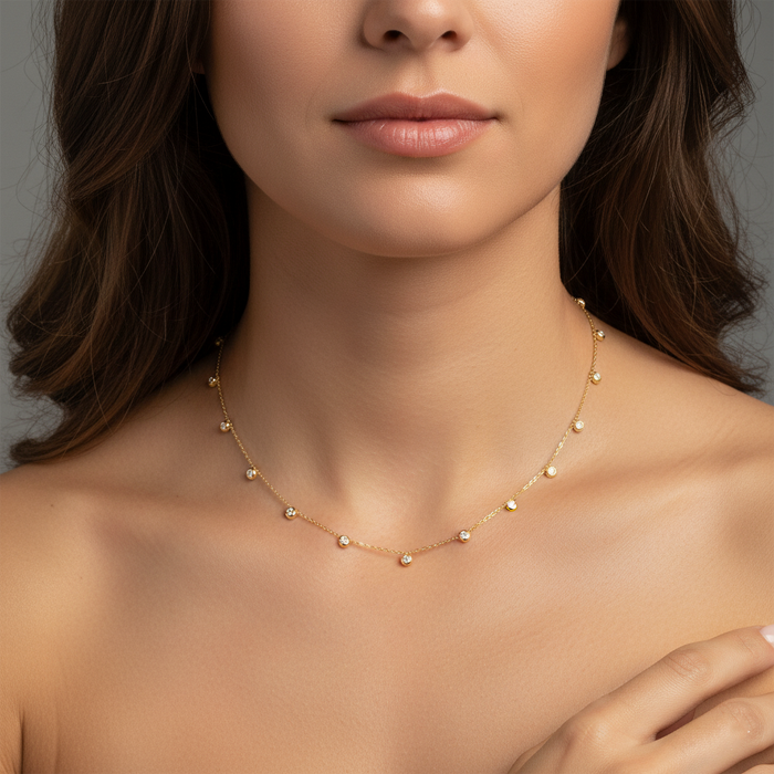 Multi-Sapphire Emerald Station Necklace in 14K Yellow Gold