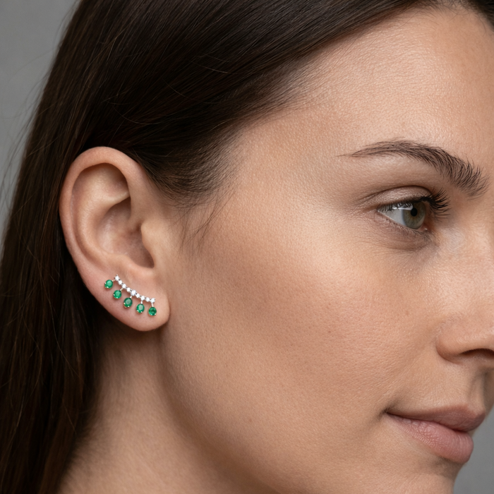 Emerald Teardrop Diamond Climber Earrings in 14K Yellow Gold