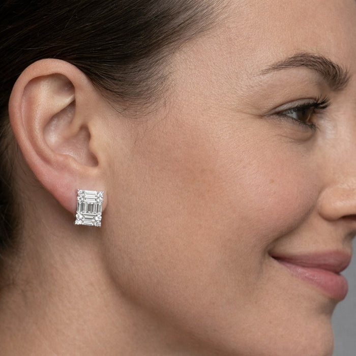 Princess Cut Illusion Diamond Stud Earrings in 18K White Gold